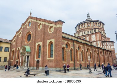 Milan, Italy - November 15, 2016: Milan's famous church Santa Maria Delle Grazie, hosting in it's refectory, The Last Supper mural painting by Leonardo da Vinci. side view