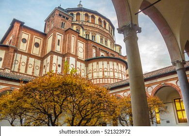 Milan, Italy - November 15, 2016: Church Santa Maria Delle Grazie in Milan, shot from courtyard in autumn. it's hosting in the refectory: The Last Supper mural painting by Leonardo da Vinci.