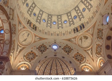 Milan, Italy - November 15, 2016: internal nave of church Santa Maria Delle Grazie, hosting in it's refectory, Last Supper mural painting by Leonardo da Vinci. right side point of view of apse roof.