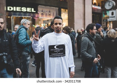 MILAN, ITALY - NOVEMBER 21: muslims manifestation against terrorism in Milan on November, 21 2015. Muslims Protest against terrorist attacks happened in Paris on November 13, 2015.