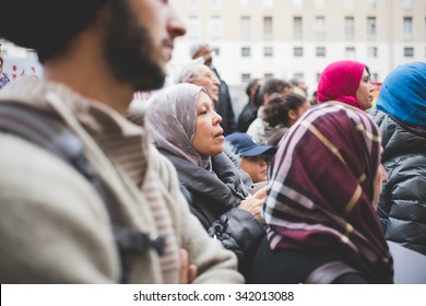 MILAN, ITALY - NOVEMBER 21: muslims manifestation against terrorism in Milan on November, 21 2015. Muslims Protest against terrorist attacks happened in Paris on November 13, 2015.