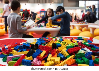 MILAN, ITALY - NOVEMBER 22: Detail of Lego building bricks at G! come giocare, trade fair dedicated to games, toys and children on NOVEMBER 22, 2013 in Milan.
