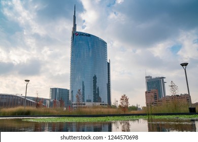 Milan, Italy - November 25, 2018: Unicredit Tower, The Skyscraper Headquarters Of The Unicredit Bank, Designed By César Pelli.