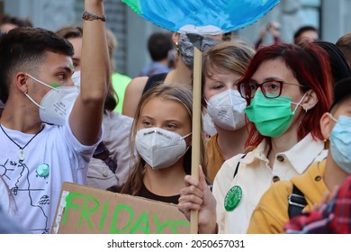 Milan - Italy - October 1, 2021. Greta Thunberg Among Other Climate Activists In Milan During The Pre-Cop26 Summit. 