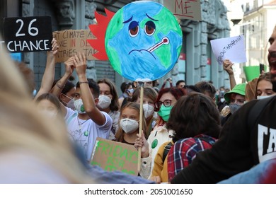 Milan - Italy - October 1, 2021. Greta Thunberg Among Other Climate Activists In Milan During The Pre-Cop26 Summit. 