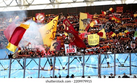 MILAN, ITALY - October 1, 2022: 
AS Roma Fans Show Their Support Prior To The Serie A 2022-2023 INTER V ROMA At San Siro Stadium. 