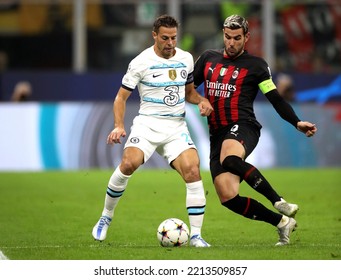 MILAN, ITALY - OCTOBER 11, 2022: 
César Azpilicueta And Theo Hernandez In Action
During The UEFA Champions League 2022-2023 
AC MILAN V CHELSEA FC At San Siro Stadium.
