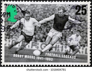 Milan, Italy - October 22, 2017: Footbal Legend Bobby Moore On British Postage Stamp