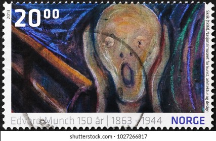 Milan, Italy - October 22, 2017: Famous Painting The Scream By Munch On Norwegian Stamp
