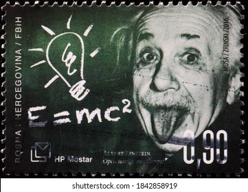 Milan, Italy - October 28, 2020: Famous Picture Of Einstein Showing The Tongue On Postage Stamp