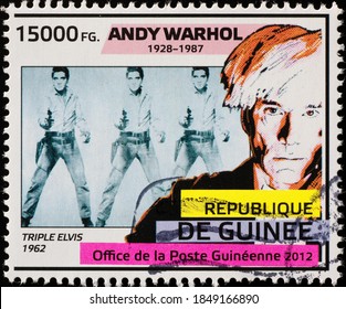 Milan, Italy - October 28, 2020: Portraits of Elvis Presley and Andy Warhol on stamp