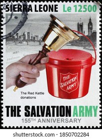 Milan, Italy - October 28, 2020: The Red Kettle Donations To Salvation Army On Stamp