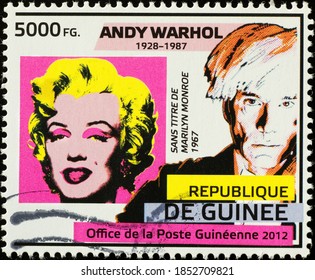Milan, Italy - October 28, 2020: Portraits of Marilyn Monroe and Andy Warhol on stamp