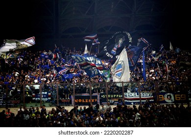 MILAN, ITALY - October 29, 2022: 
Sampdoria Supporters Wave Flag Prior To The Start Of The
Serie A 2022-2023 INTER V SAMPDORIA At San Siro Stadium. 