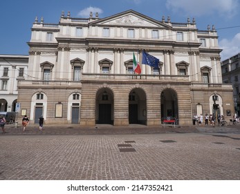 MILAN, ITALY on AUGUST 2018: Facade of La Scala opera house in european city at Lombardy region, clear blue sky in warm sunny summer day.