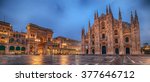 Milan, Italy: Piazza del Duomo, Cathedral Square in beautiful colors of sunrise. Representative picture of astonishing square in city, center of social and cultural life. Galleria Vittorio Emanuele. 