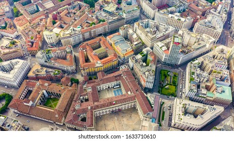 Milan, Italy. Roofs Of The City Aerial View. Cloudy Weather, Aerial View  