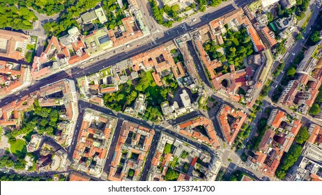 Milan, Italy. Roofs Of The City Aerial View. Cloudy Weather, Aerial View, HEAD OVER SHOT  