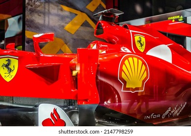 Milan, Italy - Sept 16th 2015: Ferrari Formula 1 2015 Model Displayed In Official Store In Milano. F1 Racecar Exhibition In The Boutique. Side View.