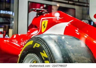 Milan, Italy - Sept 16th 2015: Ferrari Formula 1 2015 Model Displayed In Official Store In Milano. F1 Racecar Exhibition In The Boutique. Tyre Close Up View