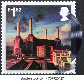 Milan, Italy - September 1, 2017: Cover of record "Animals" by Pink Floyd on stamp