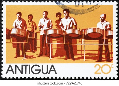 Milan, Italy - September 1, 2017: Steel Drum Band On Postage Stamp Of Antigua