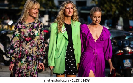 MILAN, Italy- September 18 2019: Jeanette Madsen, Emili Sindlev and Thora Valdimars on the street during the Milan Fashion Week.