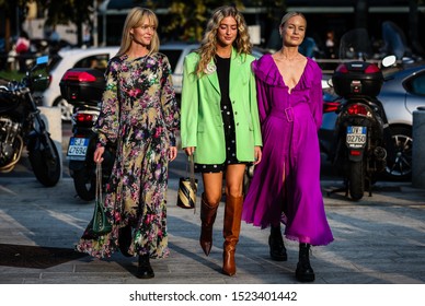 MILAN, Italy- September 18 2019: Jeanette Madsen, Emili Sindlev and Thora Valdimars on the street during the Milan Fashion Week.