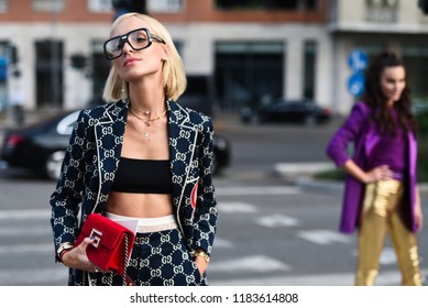 Milan, Italy - September 19, 2018: Street style outfits before ALBERTA FERRETTI fashion show during Milan Fashion Week - Gucci outfit - MFWSS19
