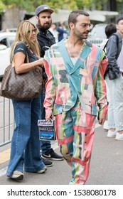 Milan, Italy - September 19, 2019: Model Wears A Fancy Colored Dress And A Balenciaga Handbag During The Fendi Show For The Spring / Summer 2020 Collection