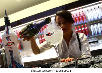 Milan, Italy - September 20 2015: Martini Pavilion Rooftop In Expo Milano 2015 Bar Woman Serving Cocktail Martini