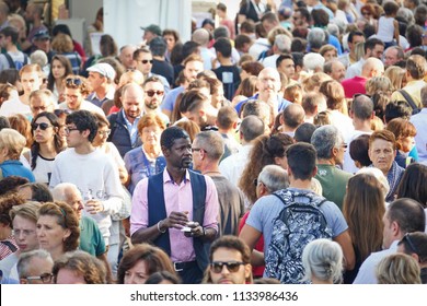 Milan, Italy - September 2016: Crowd Of People In The Main Street Of A Market 