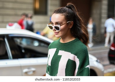Milan, Italy - September 21, 2018: Street style outfits before Iceberg fashion show during Milan Fashion Week - MFWSS19