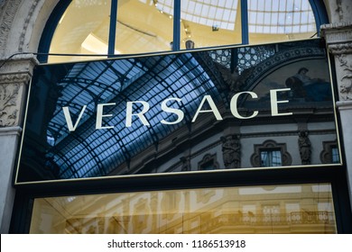 Milan, Italy - September 21, 2018: Versace store in Milan. Montenapoleone area. Fashion week Versace shopping.