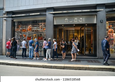 Milan, Italy - September 21, 2018: Gucci store in Milan. Montenapoleone area. Fashion week Gucci shopping.