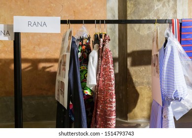 MILAN, ITALY - SEPTEMBER 21: Clothes Rack In The Backstage Just Before Stella Jean Show During Milan Women's Fashion Week On SEPTEMBER 21, 2019 In Milan.