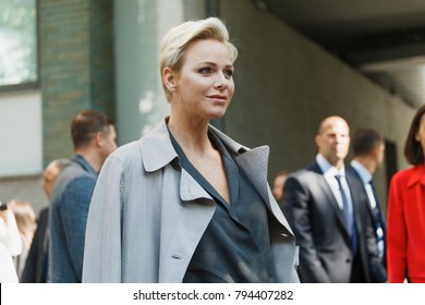 MILAN, ITALY - SEPTEMBER 22, 2017: Charlene Wittstock Princess Of Monaco  Before Georgio Armani Fashion Show At Milan Fashion Week Spring/Summer 2018.