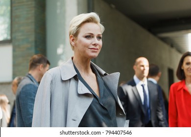 MILAN, ITALY - SEPTEMBER 22, 2017: Charlene Wittstock Princess Of Monaco  Before Georgio Armani Fashion Show At Milan Fashion Week Spring/Summer 2018.