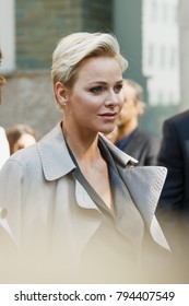 MILAN, ITALY - SEPTEMBER 22, 2017: Charlene Wittstock Princess Of Monaco  Before Georgio Armani Fashion Show At Milan Fashion Week Spring/Summer 2018.