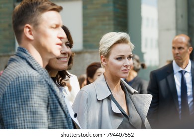 MILAN, ITALY - SEPTEMBER 22, 2017: Charlene Wittstock Princess Of Monaco  Before Georgio Armani Fashion Show At Milan Fashion Week Spring/Summer 2018.