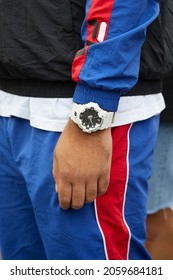 MILAN, ITALY - SEPTEMBER 22, 2019: Man With White Casio G Shock Watch, Street Style 