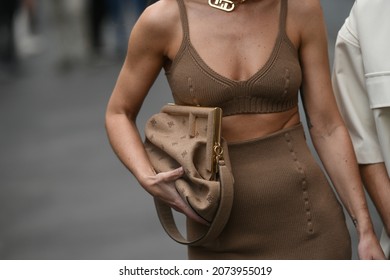 Milan, Italy - September 22, 2021:  Street Style Outfit, Fashionable Woman WearingFendi Outfit On The Streets Of Milan, Italy.