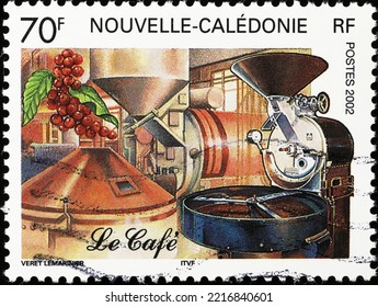 Milan, Italy - September 22, 2022: Machines Roasting The Coffee On Stamp Of New Caledonia