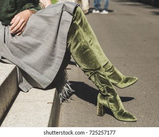 MILAN, ITALY - SEPTEMBER 22: Detail Of Shoes Outside Armani Fashion Show During Milan Women's Fashion Week On SEPTEMBER 22, 2017 In Milan.