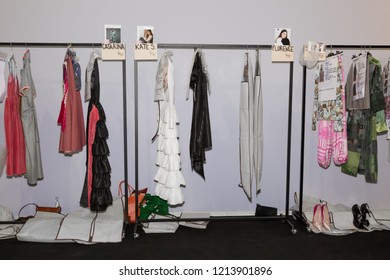 MILAN, ITALY - SEPTEMBER 23: Clothes Rack In The Backstage At Francesca Liberatore Show During Milan Women's Fashion Week On SEPTEMBER 23, 2018 In Milan.