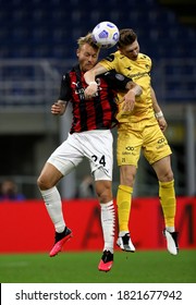 Milan, ITALY - September 24, 2020: 
Simon Kjaer And Kasper Junker In Action During The
UEFA Europa League 2020/2021 Third Qualifying MILAN V BODO/GLIMT At San Siro Stadium. 