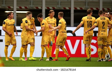 Milan, ITALY - September 24, 2020: 
Bodo Glimt Players Celebrate After Kasper Junker Scored To Give The Side A 1-0 Lead During The
UEFA Europa League Qualifying MILAN V BODO/GLIMT At San Siro Stadium.