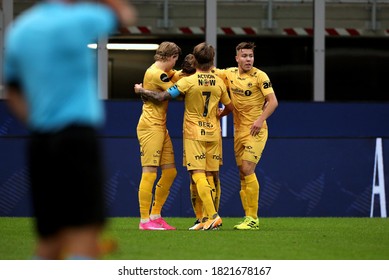 Milan, ITALY - September 24, 2020: 
Bodo Glimt Players Celebrate After Kasper Junker Scored To Give The Side A 1-0 Lead During The
UEFA Europa League Qualifying MILAN V BODO/GLIMT At San Siro Stadium.