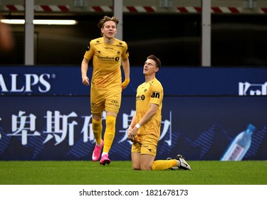 Milan, ITALY - September 24, 2020: 
Kasper Junker Celebrates After Scoring The His Goal 
1-0 With Jens Petter Hauge During The UEFA Europa League Qualifying MILAN V BODO/GLIMT At San Siro Stadium. 