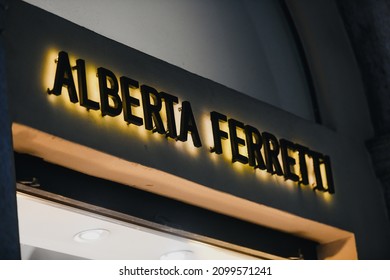 Milan, Italy - September 24, 2021: Alberta Ferretti Logo Displayed On A Facade Of A Store In Milan.